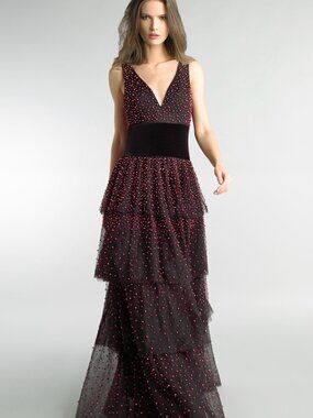 D9533L Pearl Embellished Multi Tier Gown - Black Red